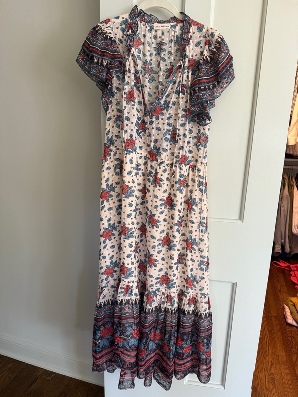 Ulla Johnson Cream Maxi Dress with Blue and Red Floral Print size 4